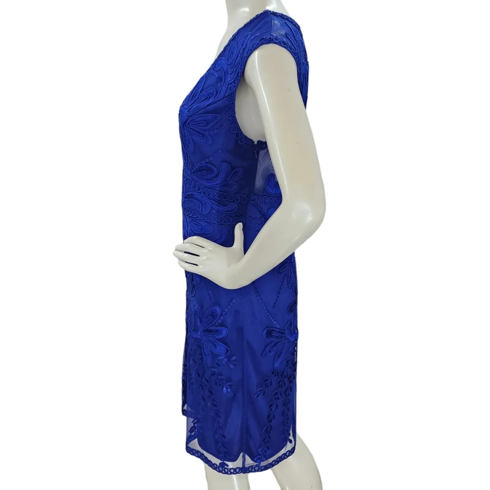 Sue Wong Cocktail Dress Womens Size 10 Cobalt Blue Embroidered Cap Sleeves Lined - Picture 4 of 15
